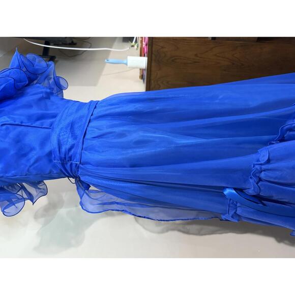 70s 80s Elegant Royal Blue One-Shoulder Ruffled Evening Dress Fancy Frocks - Picture 7 of 12